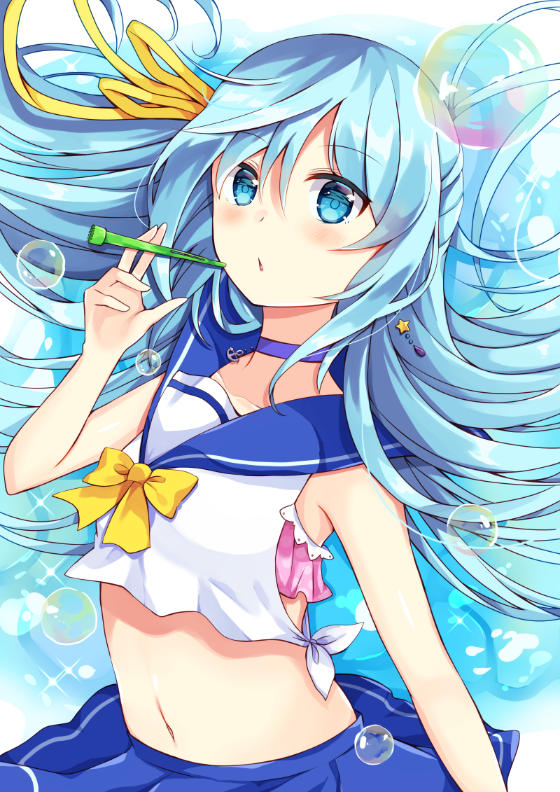 1girl bare_arms bare_shoulders bikini bikini_top_only bikini_under_clothes blowing_bubbles blue_eyes blue_hair blue_sailor_collar blue_skirt blush bow bubble commentary_request crop_top female_focus floating_hair hair_between_eyes hair_ribbon holding long_hair looking_at_viewer maki_soutoki navel original parted_lips pink_bikini pleated_skirt polka_dot polka_dot_bikini polka_dot_bikini_top ribbon sailor_collar school_uniform serafuku shirt skirt sleeveless sleeveless_shirt solo swimsuit very_long_hair white_shirt yellow_bow yellow_ribbon