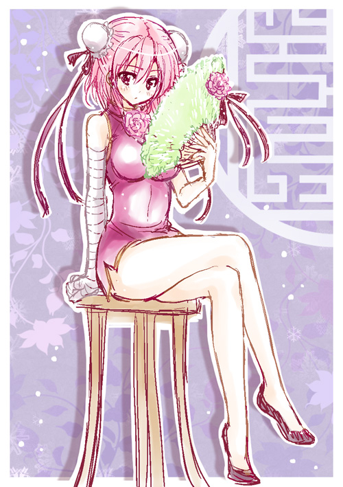 1girl alternate_hairstyle amano_kotone_(ichigo_jet) bad_id bad_pixiv_id bandages bare_shoulders belted belted_dress blonde_hair blue_eyes blush breasts chair chinese_clothes choker clasped_dress cleavage crossed_legs double_bun dress female_focus folding_fan formal_clothes hair_bun hand_fan head_rest holding holding_fan ibaraki_kasen large_breasts legs miniskirt no_bra pantyhose pink_hair purple_eyes sakurai_makoto sakurai_makoto_(custom_size) short_hair sitting skirt skirt_suit solo stool suit thighs tight_clothes tight_dress touhou updo