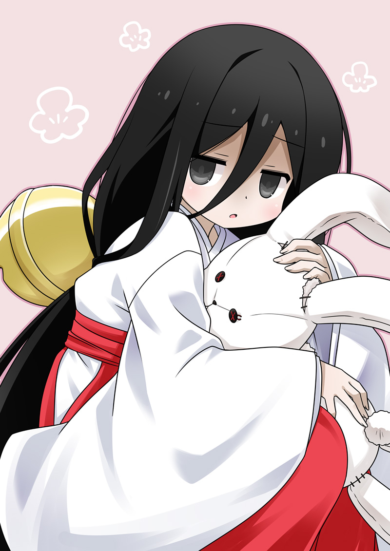 1girl akou_roushi bell black_eyes black_hair chuugoku_usagi hair_bell hair_between_eyes hair_ornament holding holding_stuffed_toy japanese_clothes jingle_bell jitome light_blush long_bangs long_hair long_skirt miko open_mouth purple_background red_skirt skirt solo stuffed_animal stuffed_rabbit stuffed_toy very_long_hair voicevox