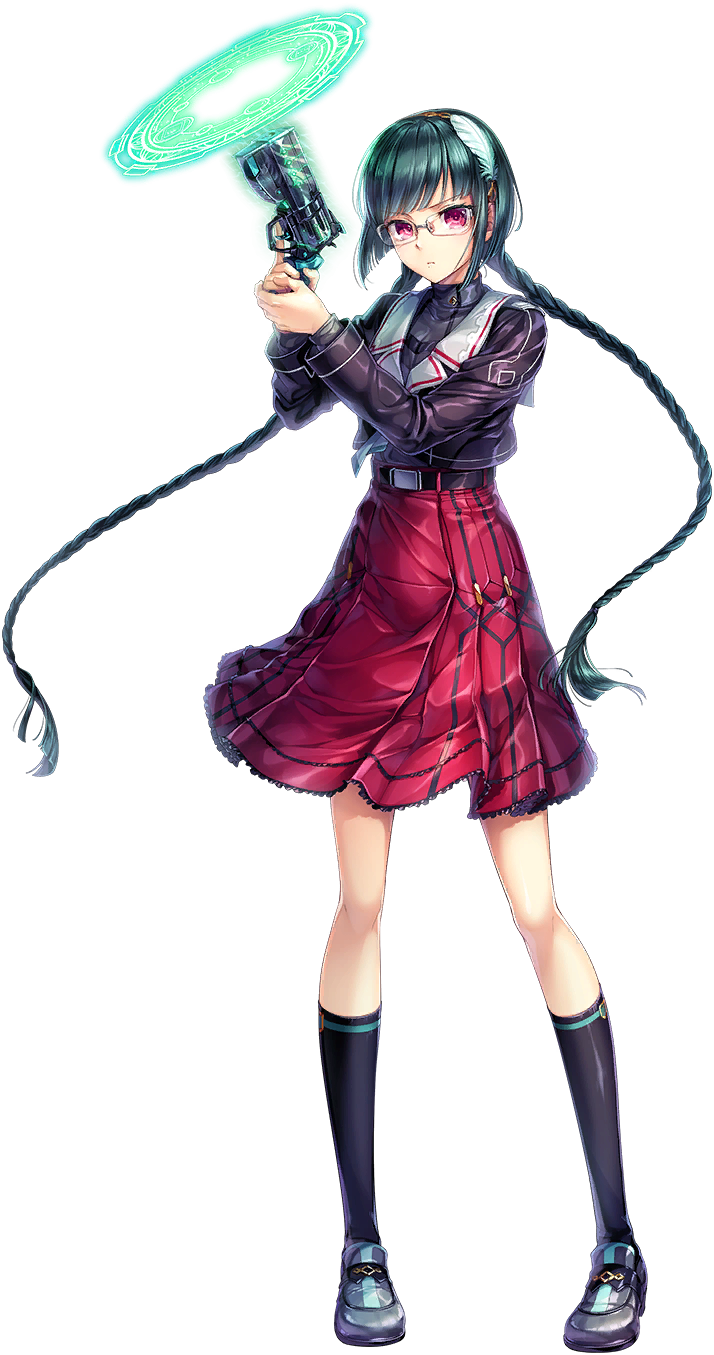 1girl ariel_(unitia) artist_request bad_source belt braid feather_hair_ornament feathers full_body game_cg glasses gun hair_ornament hairband highres holding holding_gun holding_weapon long_hair long_sleeves magic_circle official_art pink_eyes red_skirt school_uniform skirt third-party_source transparent_background twin_braids unitia weapon