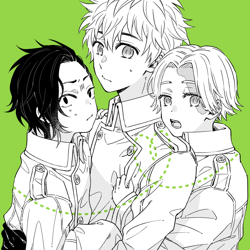 3boys aged_down burn_scar closed_mouth coppe frown gloves green_background greyscale_with_colored_background hanagaki_takemichi hug inui_seishu jacket kokonoi_hajime looking_at_viewer male_focus multiple_boys open_mouth scar scar_on_face short_hair simple_background sweatdrop tokyo_revengers upper_body