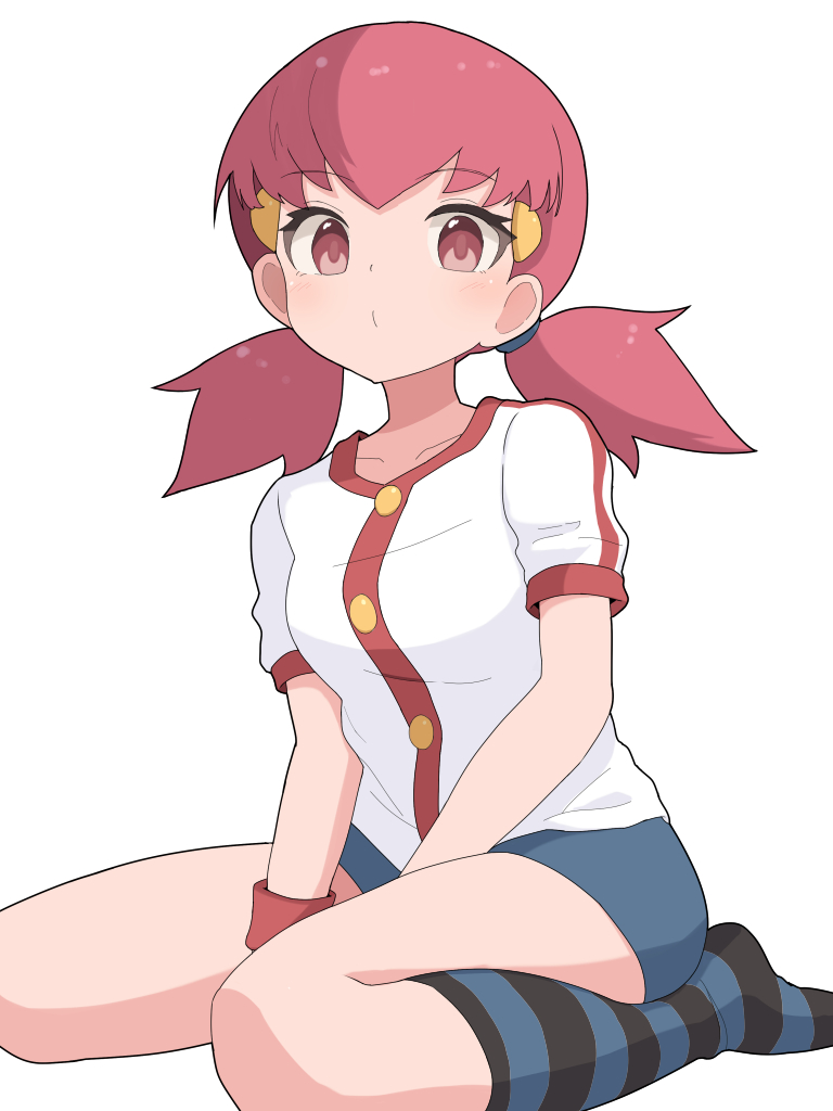 1girl buttons closed_mouth collarbone commentary_request eyelashes hair_ornament hairclip hiyoshipow jacket nintendo pink_eyes pink_hair pokemon pokemon_hgss short_sleeves shorts simple_background sitting socks solo striped_clothes striped_socks twintails white_background white_jacket whitney_(pokemon) wristband