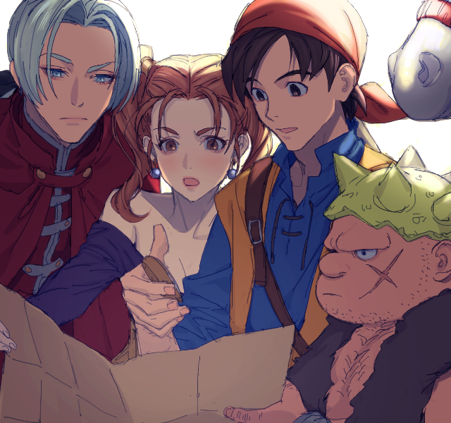 1girl 3boys bandana breasts brown_eyes brown_hair capelet cleavage dragon_quest dragon_quest_viii dress earrings grey_eyes hero_(dq8) horse jessica_albert jewelry komiya_kuniharu kukuru_(dq8) marcello medea_(dq8) multiple_boys open_mouth purple_shirt shirt short_hair silver_hair simple_background twintails yangus