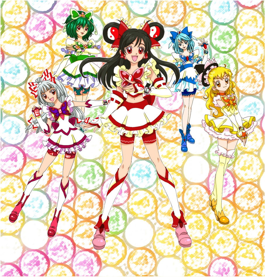 5girls alternate_hairstyle bad_id bad_pixiv_id black_hair blonde_hair blue_hair blue_shorts boots cirno cosplay cure_aqua cure_aqua_(cosplay) cure_dream cure_dream_(cosplay) cure_lemonade cure_lemonade_(cosplay) cure_mint cure_mint_(cosplay) cure_rouge cure_rouge_(cosplay) detached_sleeves dress eyelashes fujiwara_no_mokou green_hair green_shorts hair_ornament hair_ribbon hakurei_reimu hat japanese_clothes kazami_yuuka kirisame_marisa legs magical_girl miko multicolored_background multiple_girls parody power_connection precure red_eyes red_shorts ribbon shio_(pesante) shoes short_hair shorts shorts_under_skirt silver_hair smile style_parody thighhighs touhou yellow_eyes yes!_precure_5 yin_yang