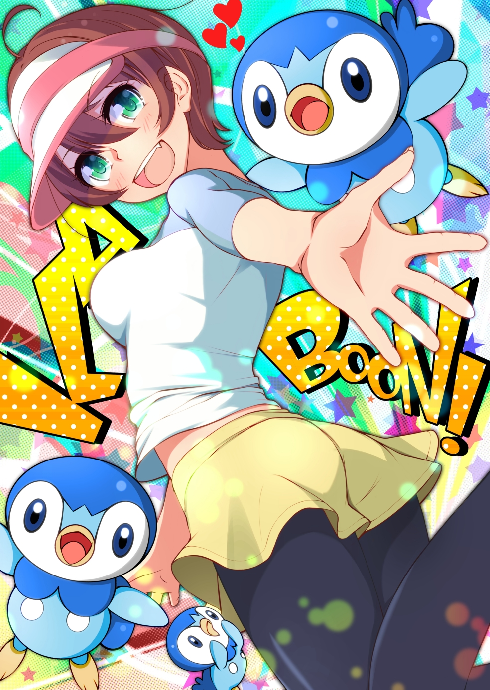 1girl ahoge black_pantyhose blue_sleeves breasts brown_hair chuutaro_metal commentary_request cosplay crossover gen_4_pokemon green_eyes hat heart highres looking_at_viewer looking_back medium_breasts midriff_peek new_game! nintendo open_mouth outstretched_arm pantyhose pantyhose_under_shorts pink_hat piplup pokemon pokemon_bw2 raglan_sleeves rosa_(pokemon) rosa_(pokemon)_(cosplay) shinoda_hajime shirt short_hair shorts smile solo teeth two-tone_headwear upper_teeth_only visor_cap white_hat white_shirt yellow_shorts
