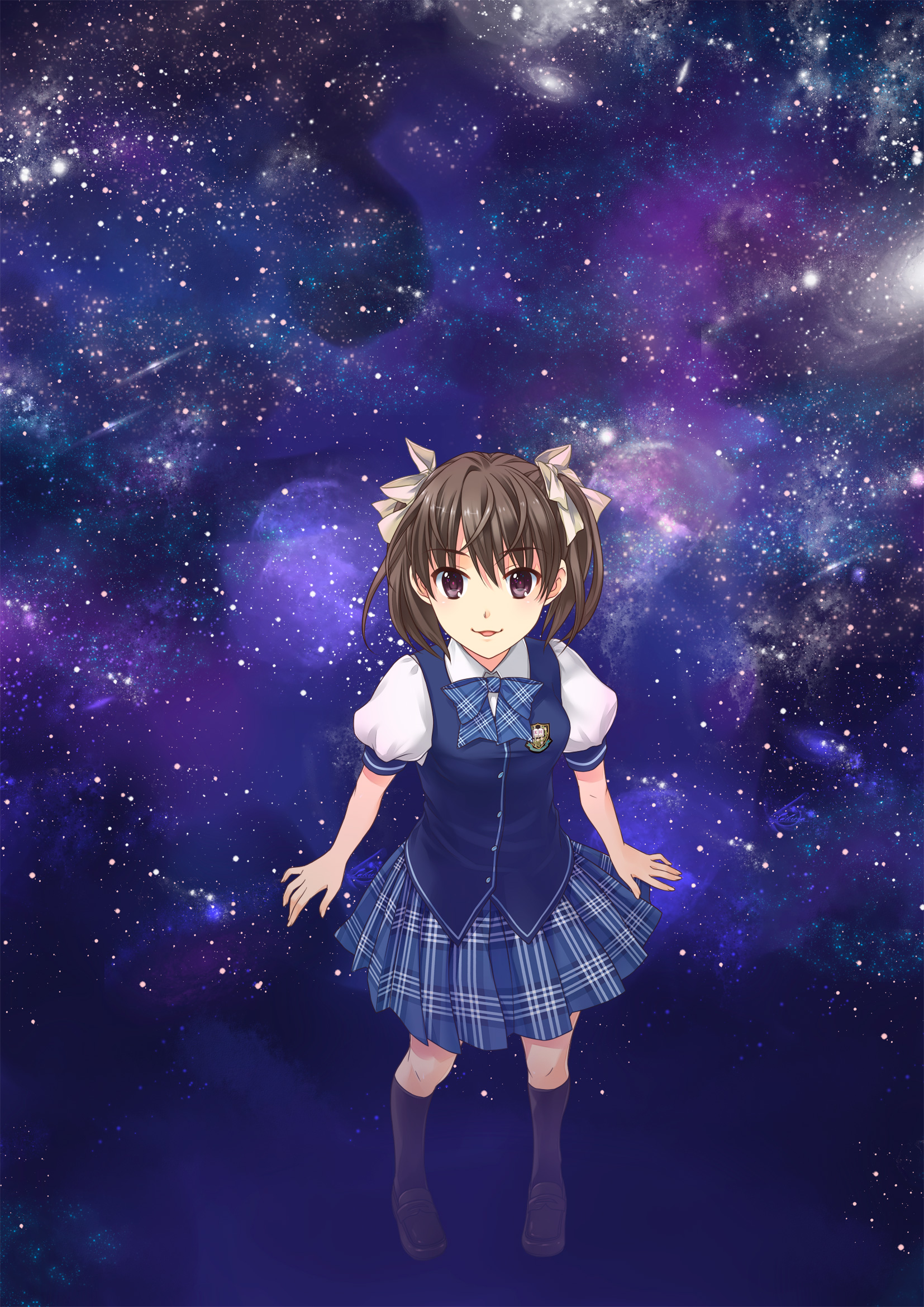 1girl black_eyes black_hair bow bowtie commentary_request ever_17 full_body hair_ribbon highres kneehighs looking_at_viewer matsunaga_sara parted_lips ribbon short_hair skirt smile socks solo space star_(sky) takigawa_yuu two_side_up vest