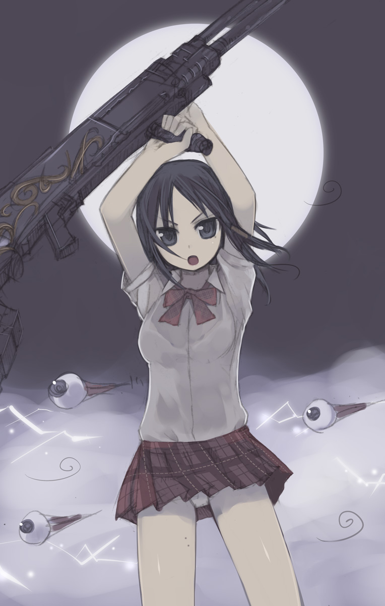 1girl alicia_(bullet_witch) aq_interactive bullet_witch cavia eyeball female_focus gun highres kashiwamochi_yomogi moon night panties pantyshot school_uniform serafuku solo underwear weapon