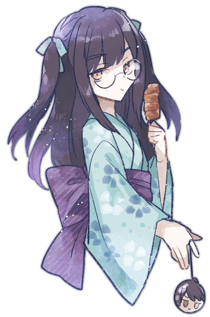 1girl eyebrows_hidden_by_hair female_focus floral_print food glasses green_kimono green_ribbon hair_ribbon holding holding_food japanese_clothes kimono long_hair looking_at_viewer obi orange_eyes purple_hair ribbon round_eyewear sash shin_subarashiki_kono_sekai solo subarashiki_kono_sekai twintails upper_body usui_nagi