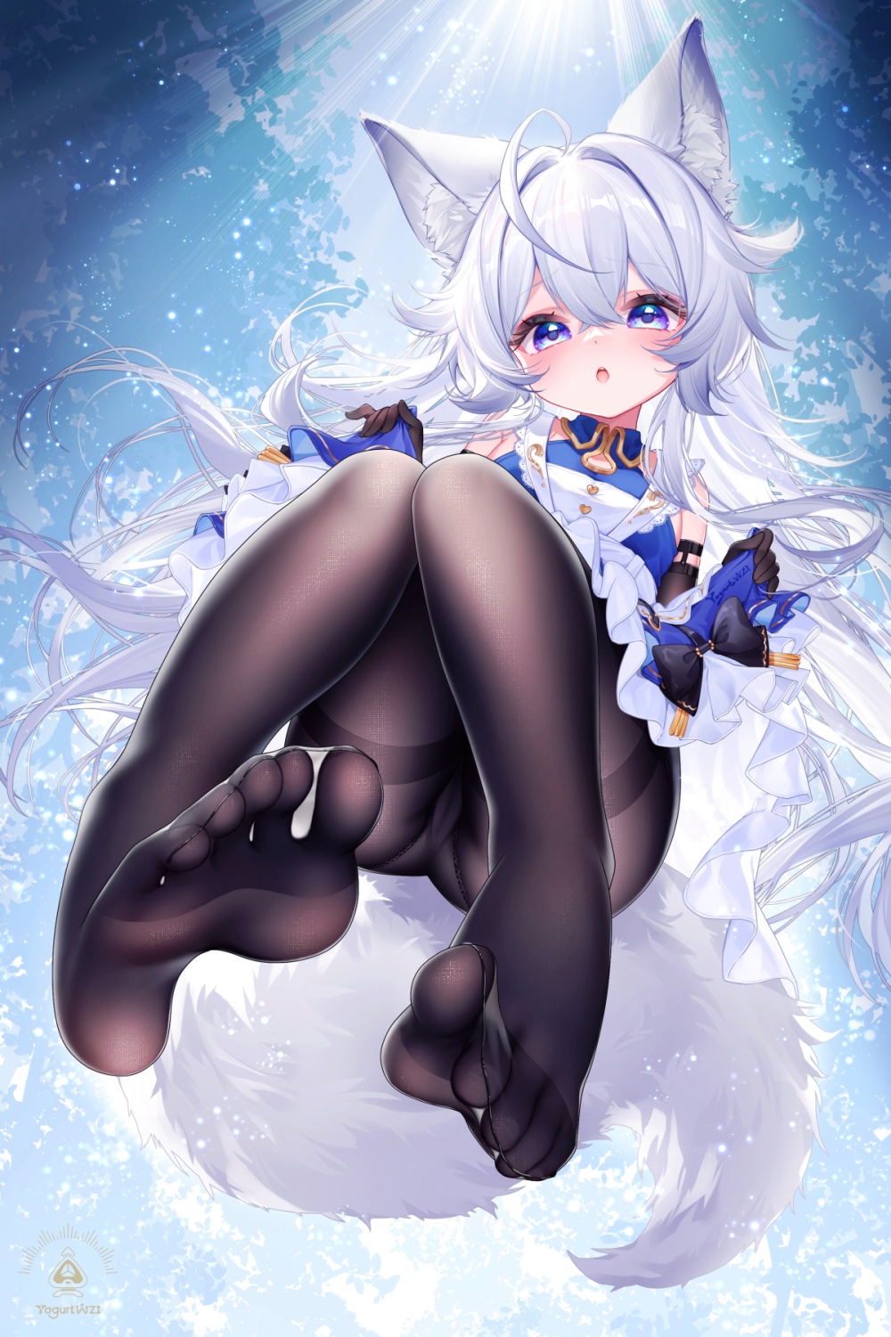1girl animal_ears bare_shoulders black_pantyhose blue_eyes clothes_lift elbow_gloves gloves highres original panties pantyhose skirt skirt_lift soles solo suaynnai_wanzi underwear white_hair