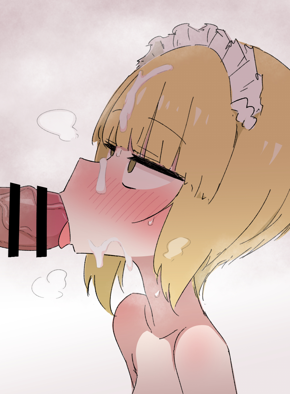 1boy 1girl ame_(amechan17391739) blonde_hair blunt_bangs blush cum cum_on_body cutlass_(girls_und_panzer) facial fellatio girls_und_panzer hetero highres maid_headdress oral penis short_hair simple_background tongue tongue_out white_background yellow_eyes