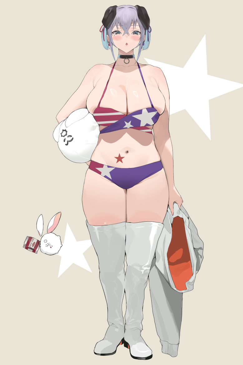 1girl :o american_flag american_flag_bikini american_flag_print animal_ears bare_arms bare_shoulders bikini black_choker blue_eyes blue_hair boots breasts choker cleavage crossed_bangs dog_ears flag_print flag_print_bikini full_body gradient_hair grey_hair hair_between_eyes hair_intakes holding holding_hoodie hood hoodie huge_breasts ikuchan_kaoru ikuchan_kaoru_(character) indie_virtual_youtuber looking_at_viewer multicolored_hair navel parted_lips print_bikini skindentation solo standing swimsuit thigh_boots thighhighs twintails unworn_hoodie virtual_youtuber white_boots