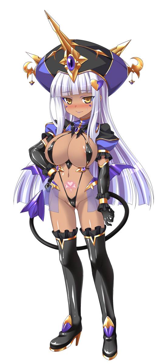 1girl aoi_masami black_gloves black_thighhighs blunt_bangs blush boots breasts corruption covered_erect_nipples dark-skinned_female dark_persona dark_skin demon_girl demon_tail doumyouji_kotetu elbow_gloves full_body game_cg gloves hand_on_own_hip hat highres horns large_breasts large_variant_set long_hair looking_at_viewer navel non-web_source official_art pubic_tattoo puffy_sleeves short_sleeves slave_gear slave_rain slingshot_swimsuit smile solo swimsuit tail tattoo thigh_boots thighhighs transparent_background ts_magical_girl_nao variant_set white_hair wings yellow_eyes
