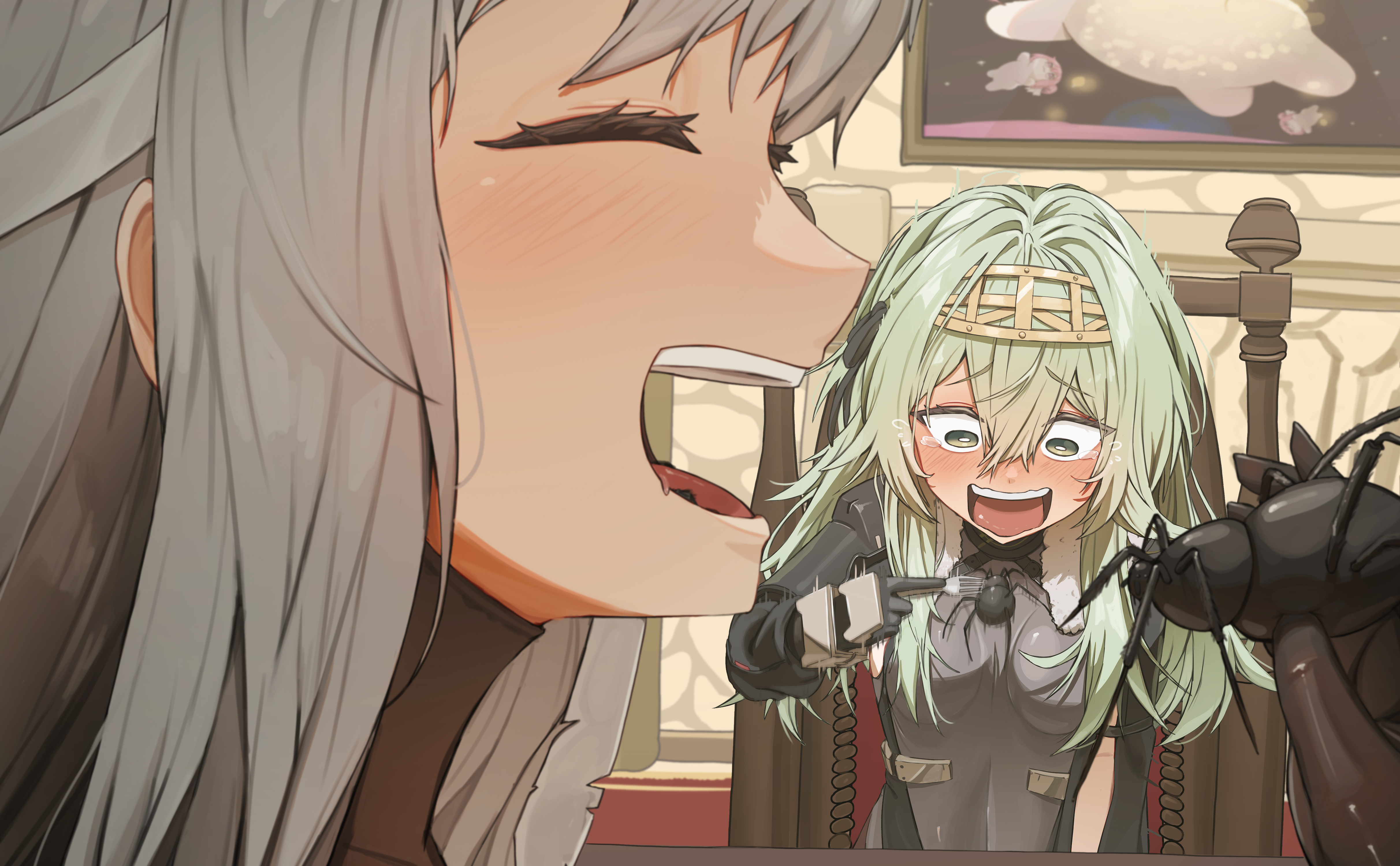2girls absurdres ariari bandaged_head bandages black_bodysuit blush bodysuit breasts doro_(nikke) fork gloves goddess_of_victory:_nikke green_hair grey_hair grey_leotard hair_between_eyes hairband highres indoors kilo_(nikke) leotard long_hair long_sleeves metal_hairband modernia_(nikke) modernia_(second_affection)_(nikke) multiple_girls open_mouth sitting small_breasts tarantula tearing_up wavy_mouth