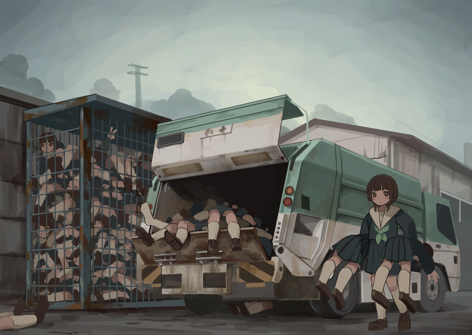 6+girls bad_id bad_pixiv_id blue_skirt brown_hair building carrying clone garbage_truck loafers lying motor_vehicle multiple_girls original outdoors school_uniform shoes skirt socks tensen_(dotted_line) truck v walking what