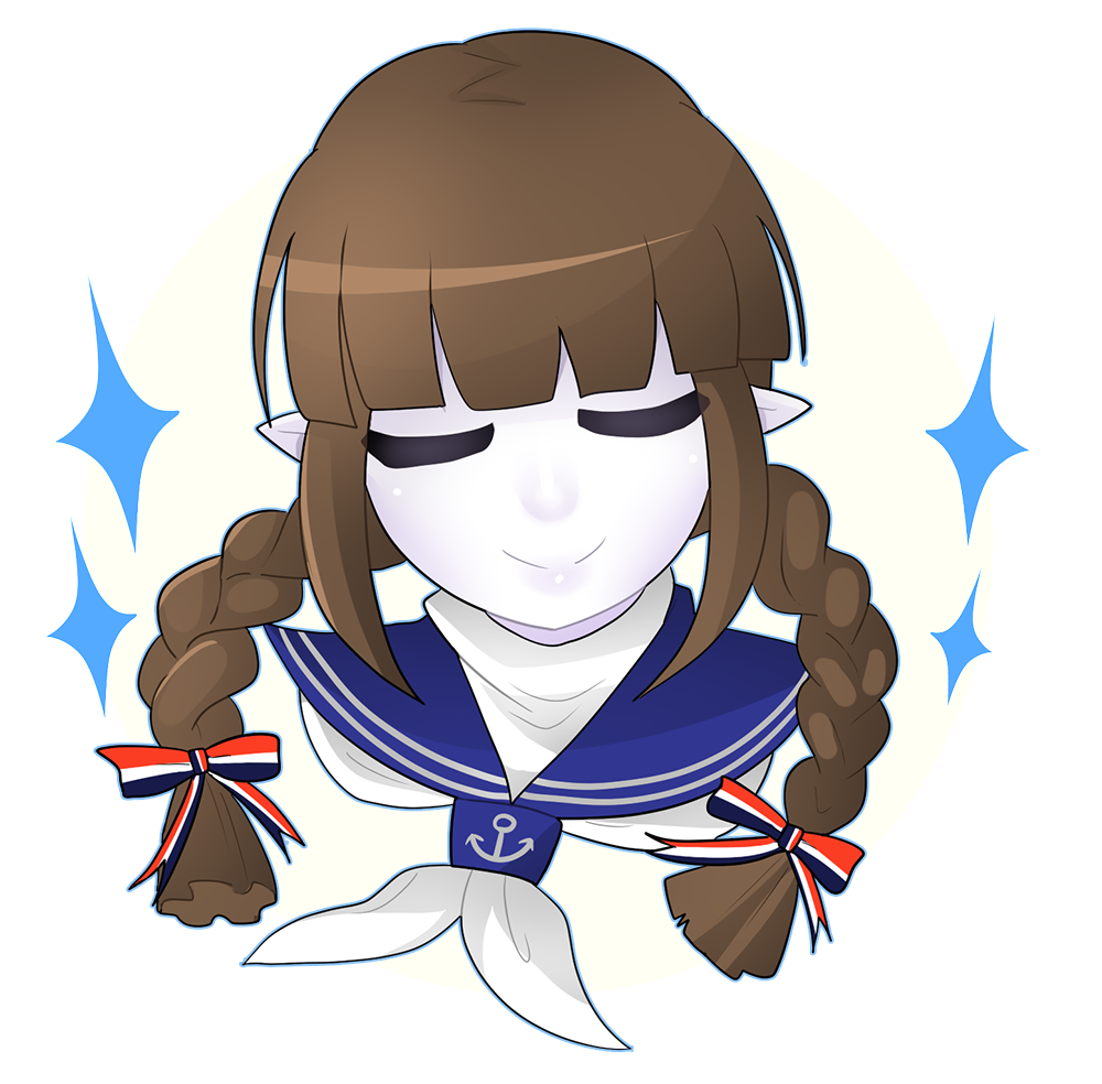 1girl blue_sailor_collar blunt_bangs bow braid brown_hair closed_eyes closed_mouth colored_skin cropped_head funamusea gallaxi hair_bow neckerchief oounabara_to_wadanohara sailor_collar sidelocks smile solo sparkle twin_braids wadanohara white_neckerchief white_skin