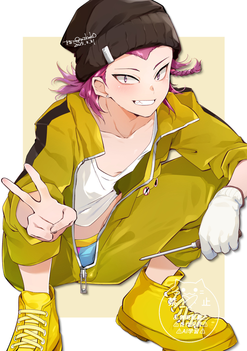 beanie braid collared_jumpsuit commentary_request crew_neck danganronpa_(series) earrings gloves hair_horns hat jewelry jumpsuit kinako_(mzknk0) looking_at_viewer male_underwear screwdriver sharp_teeth shoes side_braid single_glove sneakers soda_kazuichi squatting striped_jumpsuit teeth underwear v widow&#039;s_peak yellow_jumpsuit zipper