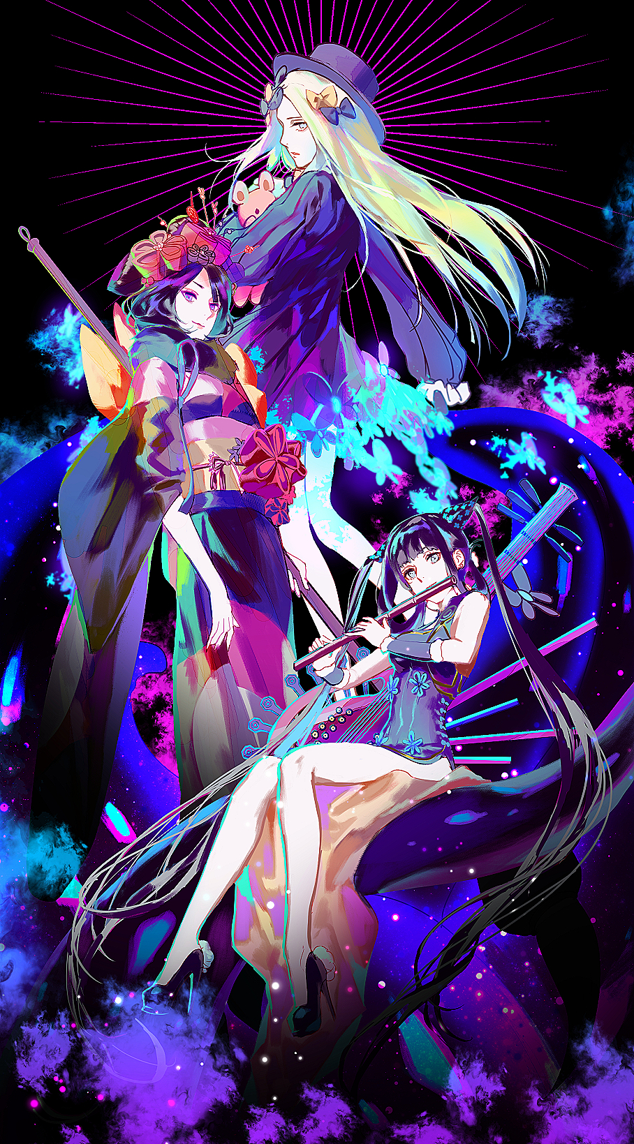 3girls abigail_williams_(fate) black_dress blonde_hair china_dress chinese_clothes daeraeband dress fate/grand_order fate_(series) flute highres instrument japanese_clothes katsushika_hokusai_(fate) kimono long_hair looking_at_viewer multiple_girls sitting twintails very_long_hair yang_guifei_(fate)