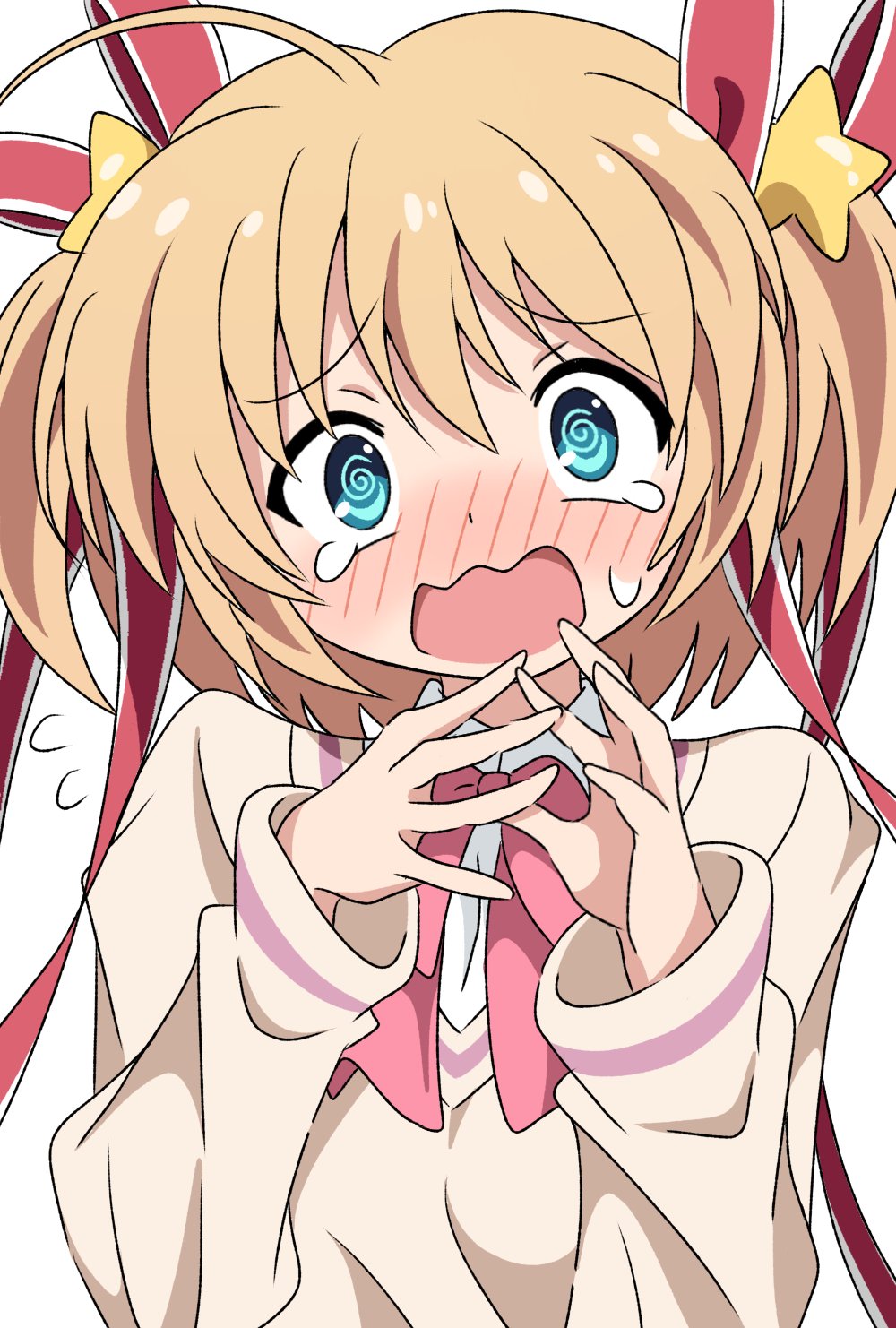 1girl @_@ ahoge aqua_eyes blonde_hair blush bow commentary embarrassed flying_sweatdrops full-face_blush hair_between_eyes hair_ornament hair_ribbon highres kamikita_komari little_busters! little_busters!_school_uniform long_sleeves looking_at_viewer open_mouth panicking pink_bow red_ribbon ribbon school_uniform short_hair silky_(silky_illust) simple_background solo star_(symbol) star_hair_ornament straight-on sweatdrop sweater tareme upper_body wavy_mouth white_background wide-eyed yellow_sweater