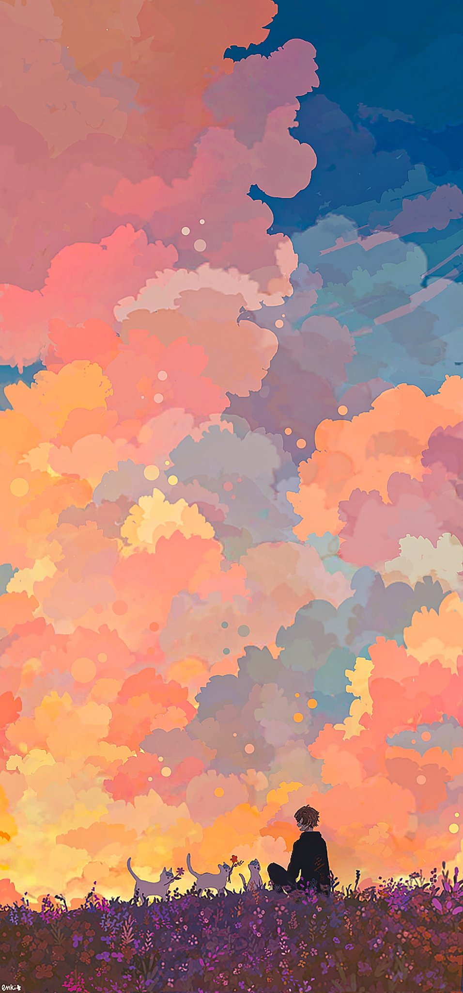 1boy alban_knox artist_name black_pants black_shirt blue_clouds brown_hair cat cloud cloudy_sky enki_(enkiriin) flower flower_in_mouth golden_hour highres male_focus mouth_hold nijisanji nijisanji_en open_mouth orange_clouds orange_theme pants pink_clouds purple_clouds red_flower shirt short_hair sky smile solo takaradachi_(alban_knox) virtual_youtuber yellow_clouds