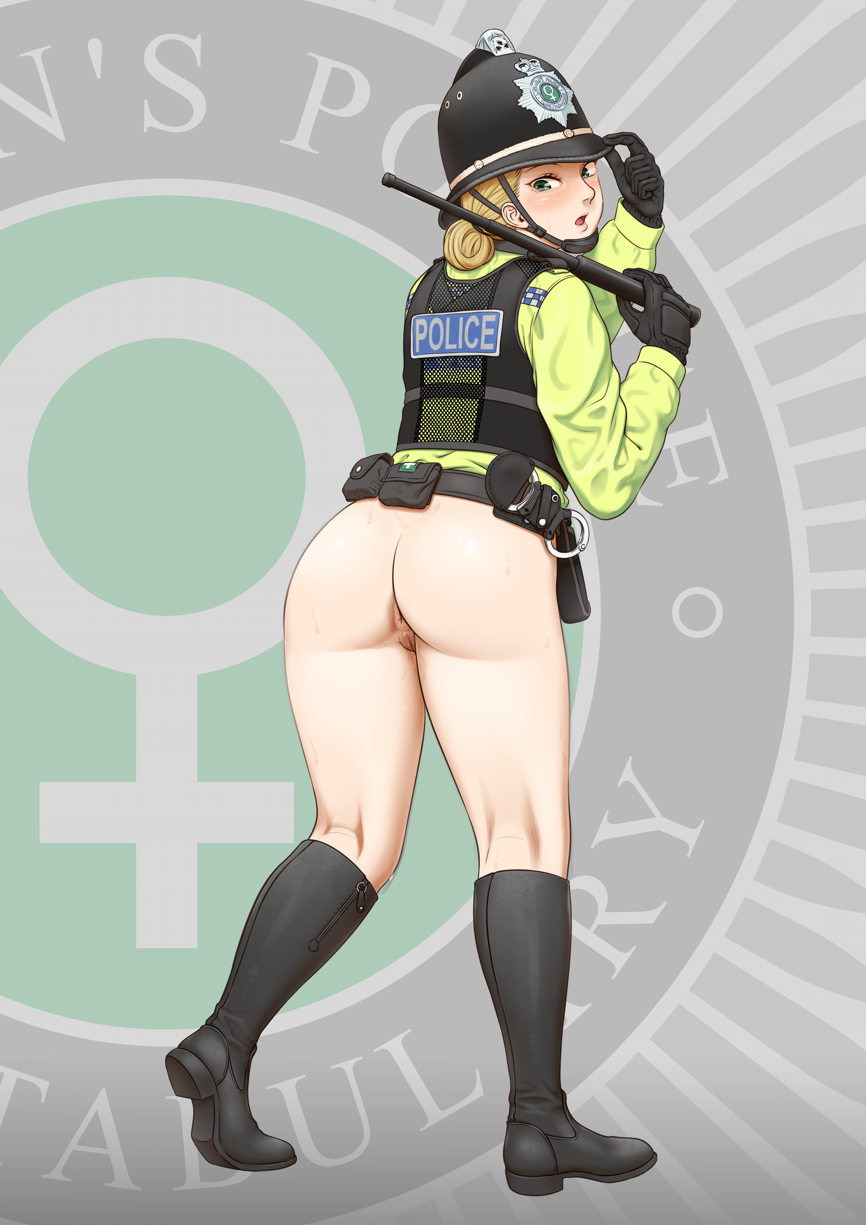 1girl absurdres anoni-chan anus ass ass_focus badge baton_(weapon) belt belt_pouch black_belt black_footwear black_gloves black_hat black_helmet black_vest blonde_hair blush boots chin_strap commission commissioner_upload cuffs custodian_helmet from_behind gloves green_hair green_jacket handcuffs hat helmet highres holding holding_unworn_clothes holding_unworn_hat jacket looking_at_viewer looking_back military_combat_uniform military_uniform no_pants nude original police police_badge police_hat police_uniform policewoman pouch pussy riding_boots simple_background surprised sweat tactical_clothes united_kingdom unworn_hat unworn_headwear venus_symbol vest weapon
