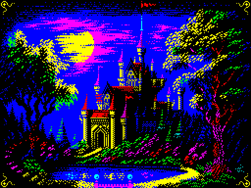 arch battlement blue_clouds border bridge building castle cloud cloudy_sky cross flag forest full_moon gate helpcomputer0 lake limited_palette medieval moon moonlight nature night no_humans original outdoors pink_sky pixel_art reflection reflective_water scenery sky tree yellow_moon