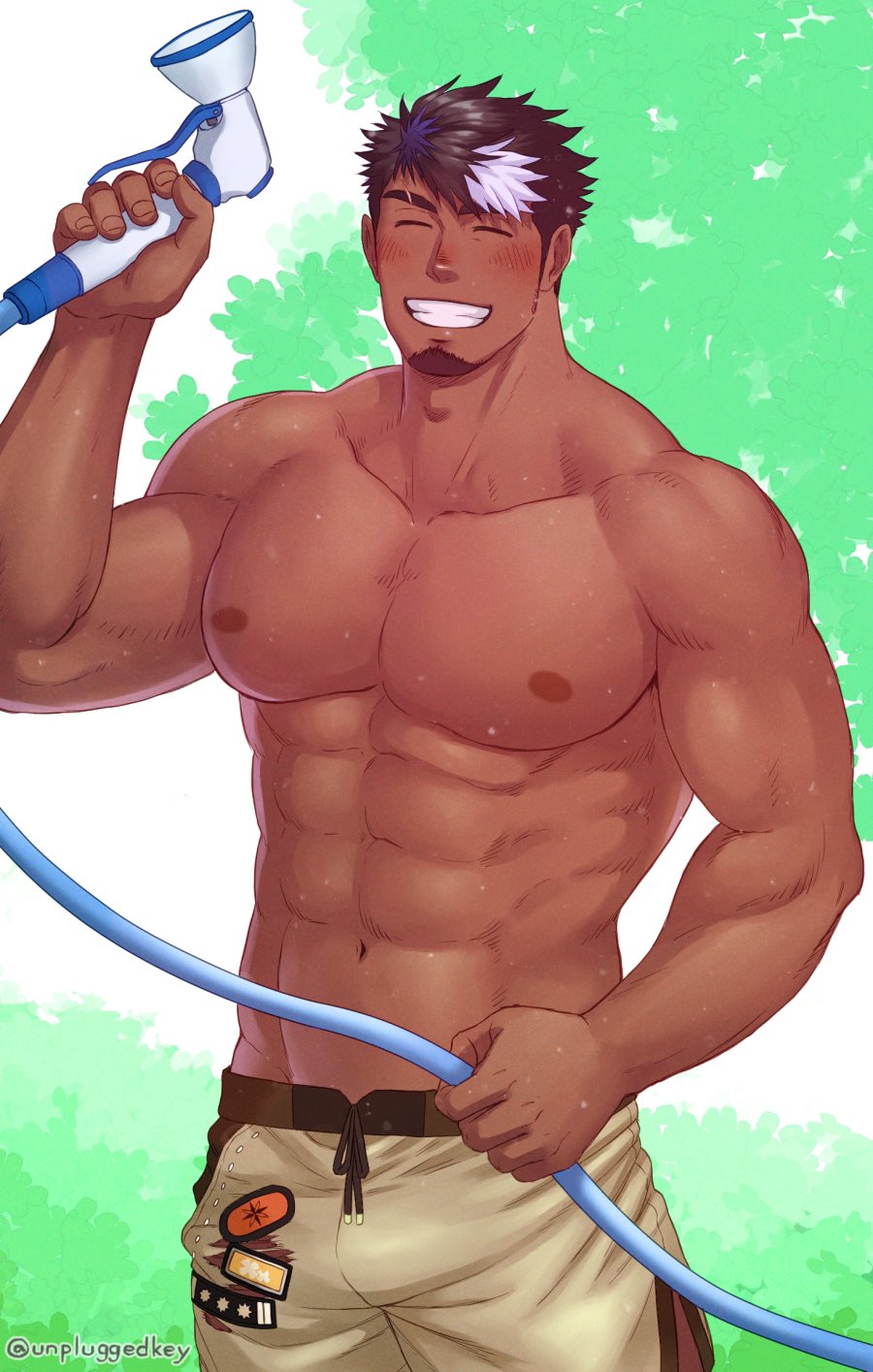 1boy abs bare_pectorals beard beard_stubble biceps black_hair blush brown_male_swimwear closed_eyes dark_skin facial_hair gradient_background groin highres holding holding_hose hose hose_nozzle large_pectorals lilac_(live_a_hero) live_a_hero male_focus male_swimwear multicolored_hair muscular muscular_male navel nipples patch pectorals scar short_hair smile stubble swim_trunks tearing_clothes thick_eyebrows topless_male torn_clothes two-tone_hair unplugged_line white_streaks