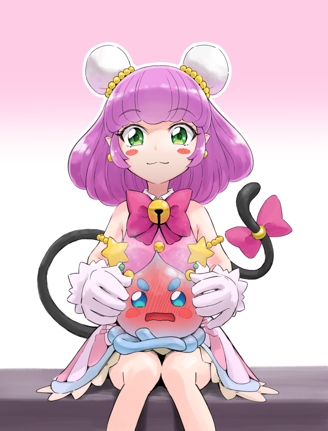 1girl bell blush blush_stickers bow bowtie cat_tail closed_mouth collared_dress double_bun dress earrings full-face_blush gloves green_eyes hair_bun highres itou_shin&#039;ichi jewelry looking_at_viewer mao_(precure) neck_bell on_lap pink_dress pointy_ears precure prunce_(precure) purple_bow purple_bowtie purple_hair short_dress short_hair sitting sleeveless sleeveless_dress smile solo star_(symbol) star_twinkle_precure tail tail_bow tail_ornament white_gloves yuni_(precure)