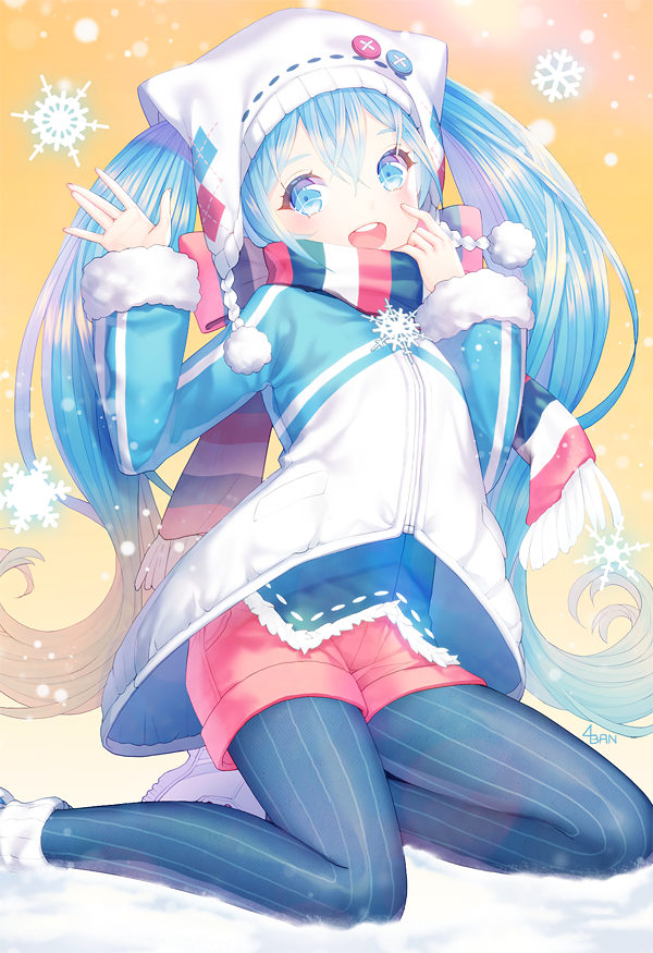 1girl :d argyle black_pantyhose blue_eyes blue_hair blush buttons female_focus fur_trim hand_on_own_cheek hand_on_own_face hat hatsune_miku jacket long_hair looking_at_viewer matching_hair/eyes open_mouth pantyhose pantyhose_under_shorts pom_pom_(clothes) round_teeth saban scarf short_shorts shorts sitting smile snowflakes solo striped_clothes striped_pantyhose striped_scarf teeth twintails vertical-striped_clothes vertical-striped_pantyhose very_long_hair vocaloid waving yokozuwari yuki_miku yuki_miku_(2016)_(candidate_no.1)