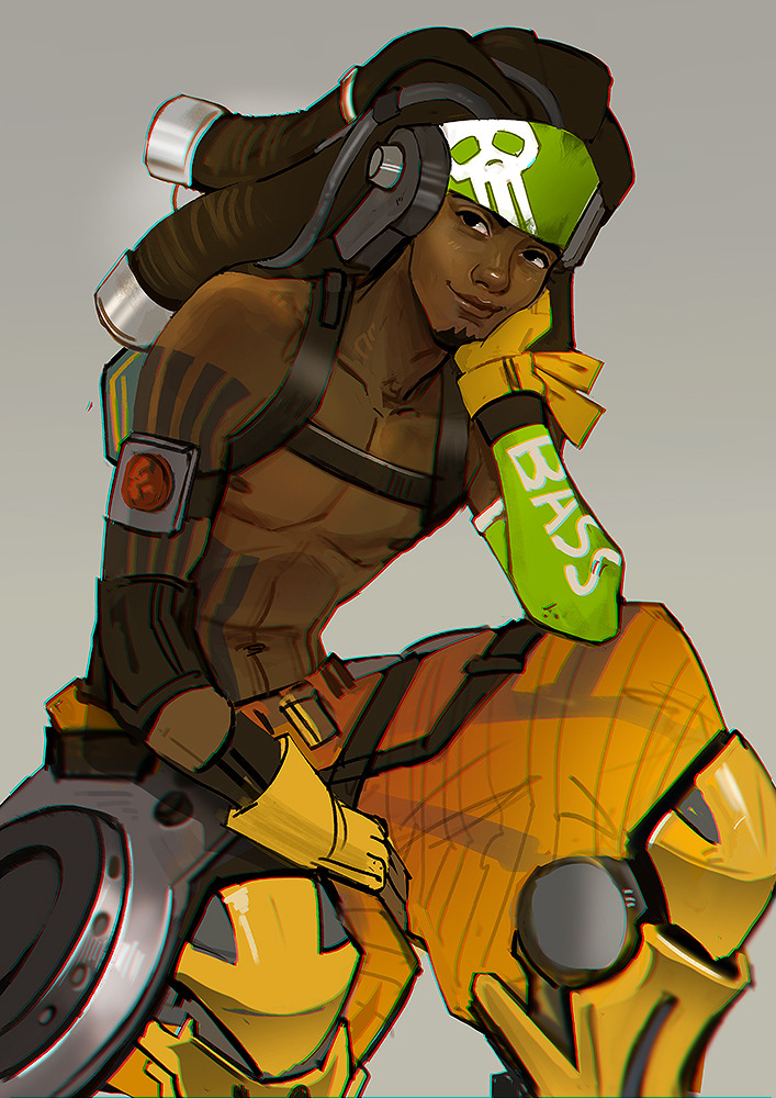 1boy body_markings brown_eyes brown_hair chest_harness closed_mouth collarbone commentary dark-skinned_male dark_skin dreadlocks elbow_on_knee elbow_pads english_commentary equalizer_lucio facial_hair feet_out_of_frame gloves goatee green_headband grey_background hand_on_own_leg harness head_rest headband long_hair looking_to_the_side lucio_(overwatch) male_focus mistermagnolia navel nipples official_alternate_costume overwatch overwatch_1 pants pectorals sideways_glance simple_background smile solo yellow_gloves yellow_pants