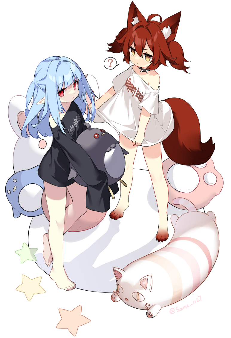 2girls ? ahoge animal_ear_fluff animal_ears animal_feet barefoot black_shirt blue_hair brown_eyes brown_hair button_eyes buttons clothes_writing commentary_request english_text hair_between_eyes holding holding_stuffed_toy long_hair long_sleeves multiple_girls off_shoulder original pointy_ears red_eyes saru shirt short_sleeves sleeves_past_fingers sleeves_past_wrists spoken_question_mark standing standing_on_one_leg star_(symbol) stuffed_animal stuffed_bird stuffed_cat stuffed_toy tail twintails twitter_username two_side_up v-shaped_eyebrows white_shirt