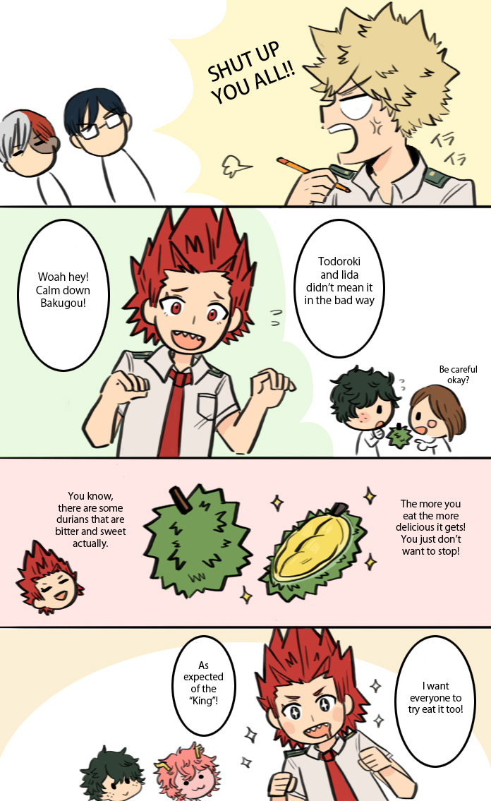 10s ashido_mina bakugou_katsuki boku_no_hero_academia comic durian english_text food fruit iida_tenya kirishima_eijirou midoriya_izuku school_uniform speech_bubble spiked_hair text_focus todoroki_shouto uraraka_ochako