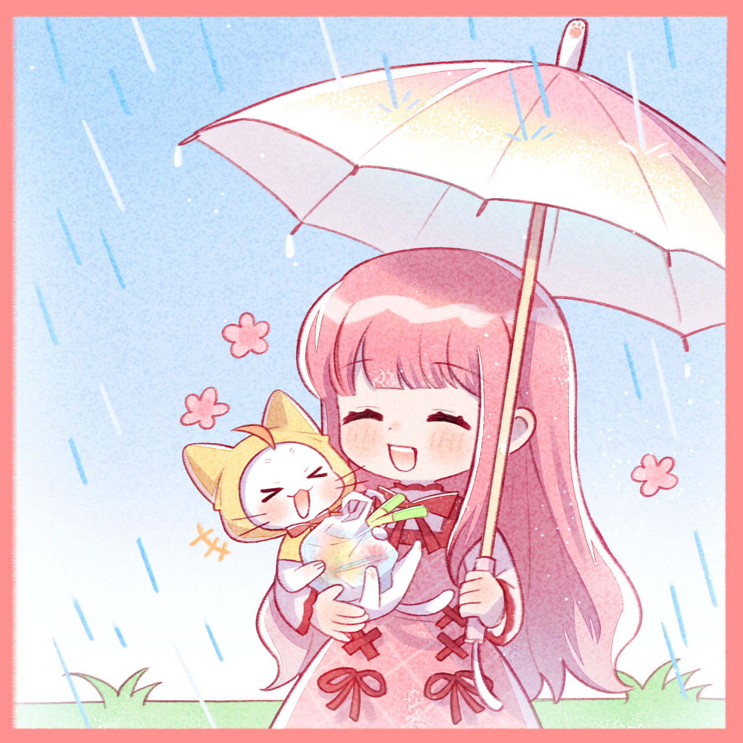 >_< +++ 1girl ^_^ ahoge animal argyle_clothes argyle_dress artist_request bag blue_sky border bow bowtie cat chibi chinese_commentary cloak closed_eyes clothed_animal commentary_request cowboy_shot cross-laced_clothes cross-laced_dress day dot_nose dress dress_ribbon ear_covers eyelashes flower grass groceries grocery_bag happy highres holding holding_animal holding_bag holding_cat hood hood_up hooded_cloak laughing light_blush light_particles long_hair long_sleeves momo_(nikki) nikki_(series) official_art open_mouth outdoors pinafore_dress pink_border pink_dress pink_flower pink_hair rain red_bow red_bowtie red_ribbon ribbon second-party_source shining_nikki shirt shopping_bag sidelocks sky sleeveless sleeveless_dress smile spring_onion standing teeth traditional_bowtie turtleneck turtleneck_shirt upper_teeth_only very_long_hair wavy_hair whiskers white_cat white_shirt yellow_cloak