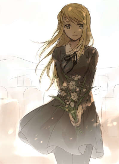 1girl blonde_hair bouquet clothes_lift dappled_sunlight day dress expressionless female_focus floating_hair flower fullmetal_alchemist long_hair long_sleeves outdoors ribbon riru solo sunlight tombstone white_flower wind wind_lift winry_rockbell
