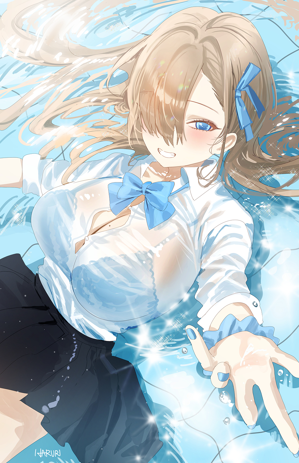 1girl asuna_(blue_archive) black_skirt blue_archive blue_eyes haruri highres light_brown_hair long_hair long_sleeves necktie skirt smile solo