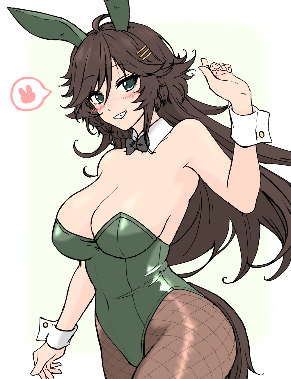 1girl ahoge alternate_costume animal_ears arm_up armpits bare_shoulders black_bow black_bowtie blue_eyes blush border bow bowtie breasts brown_hair cleavage clothing_cutout commentary_request covered_navel cowboy_shot detached_collar ear_covers fishnet_pantyhose fishnets green_leotard grin hair_ornament hairclip highleg highleg_leotard highres horse_ears horse_girl horse_tail ichimisan large_breasts leotard long_hair mr._c.b._(umamusume) nontraditional_playboy_bunny pantyhose smile solo spoken_animal strapless strapless_leotard tail tail_through_clothes umamusume white_border wrist_cuffs