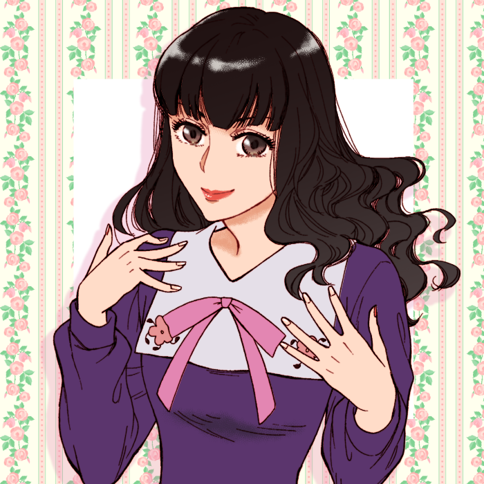1girl black_eyes black_hair chloe-toma dress floral_background hands_up lipstick long_hair long_sleeves looking_at_viewer makeup mariko_shinobu oniisama_e... pink_ribbon purple_dress ribbon solo upper_body