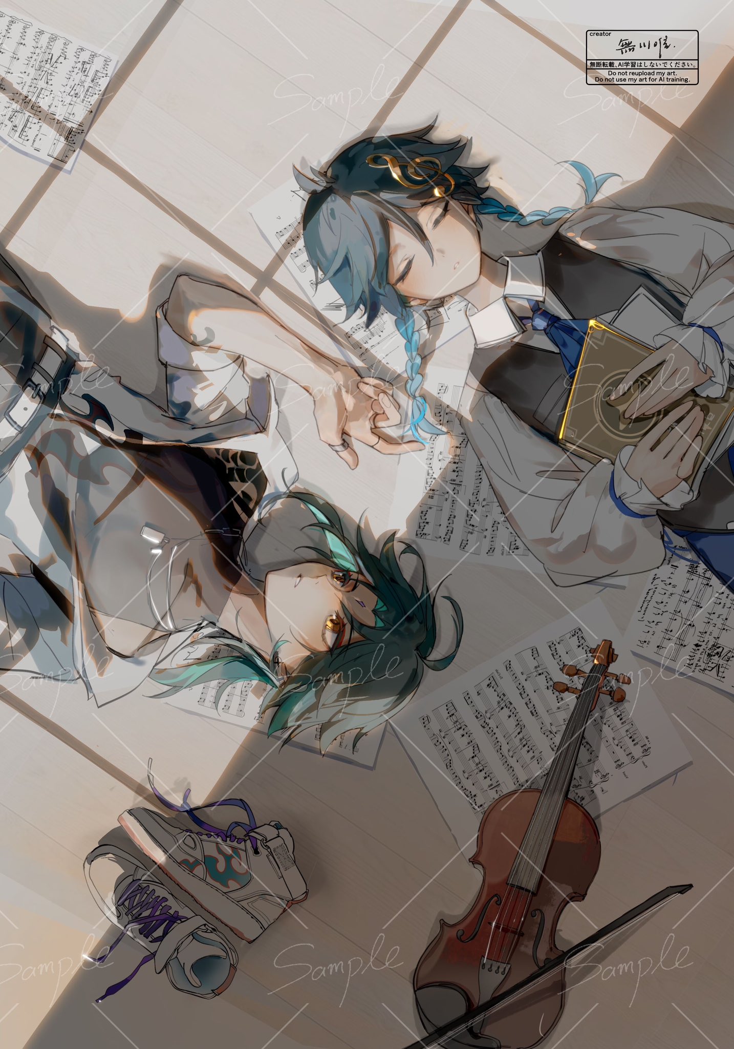 2boys ahoge aqua_hair artist_name ascot belt belt_buckle black_hair black_shirt black_vest blue_ascot book bow_(music) braid buckle closed_eyes collared_shirt commentary english_commentary eyelashes eyeshadow facial_mark fihasel forehead_mark fortissimo frilled_sleeves frills genshin_impact gradient_hair green_hair hair_between_eyes hair_ornament hand_up highres holding holding_book instrument jewelry long_sleeves looking_at_another lying makeup male_focus medium_hair multicolored_hair multiple_boys musical_note musical_note_hair_ornament necklace on_back on_floor open_clothes open_shirt paper parted_bangs parted_lips puffy_long_sleeves puffy_sleeves red_eyeshadow ring sample_watermark sheet_music shirt shoes short_sleeves side_braids sleeveless sleeveless_shirt streaked_hair thumb_ring treble_clef turtleneck twin_braids unworn_shoes venti_(genshin_impact) vest violin watermark watermark_grid white_belt white_shirt white_shoes window_shadow wing_collar xiao_(genshin_impact) yellow_eyes