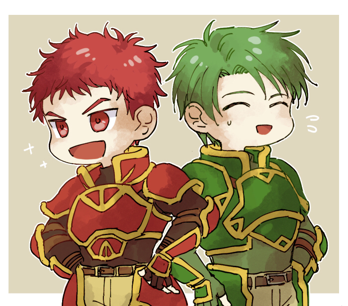 2boys armor belt closed_eyes commentary_request deformed fingerless_gloves fire_emblem fire_emblem:_path_of_radiance gloves green_armor green_hair hands_on_own_hips kieran_(fire_emblem) male_focus multiple_boys nintendo nmnm_bbb open_mouth oscar_(fire_emblem) red_armor red_eyes red_hair short_hair