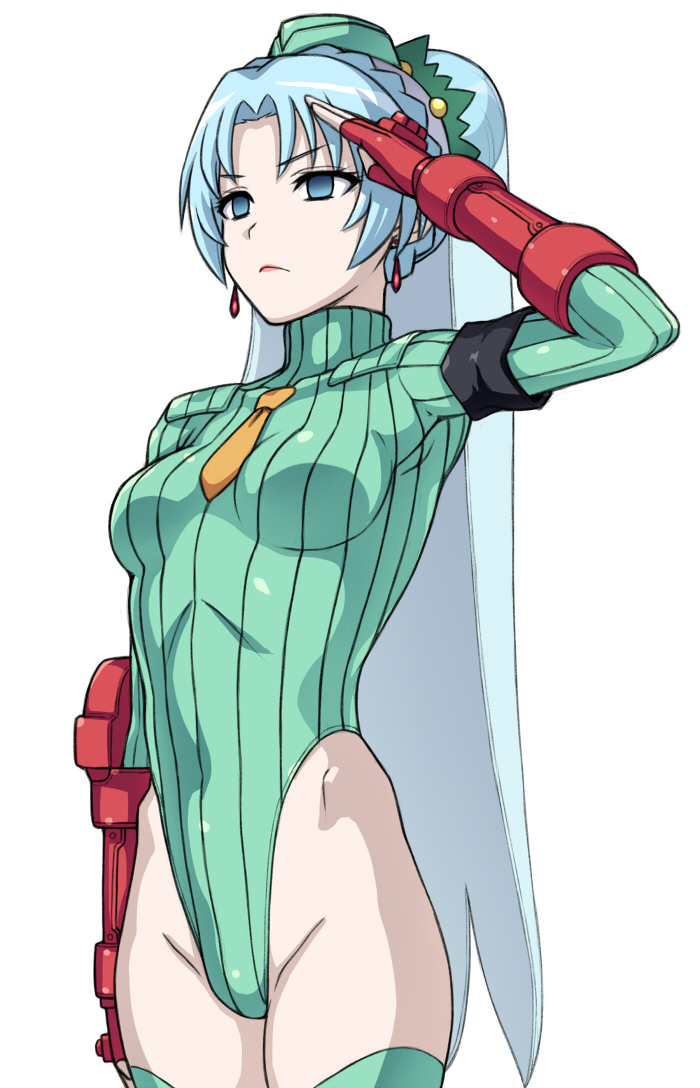 1girl blue_hair braid breasts cammy_white_(cosplay) corruption cosplay crown_braid dark_persona fingerless_gloves garrison_cap gloves green_hat green_leotard grune_(tales) hai_(h81908190) hat highleg highleg_leotard leotard necktie red_gloves salute shadaloo_dolls short_hair simple_background small_breasts solo street_fighter street_fighter_zero_(series) tales_of_(series) tales_of_legendia white_background white_hair yellow_necktie