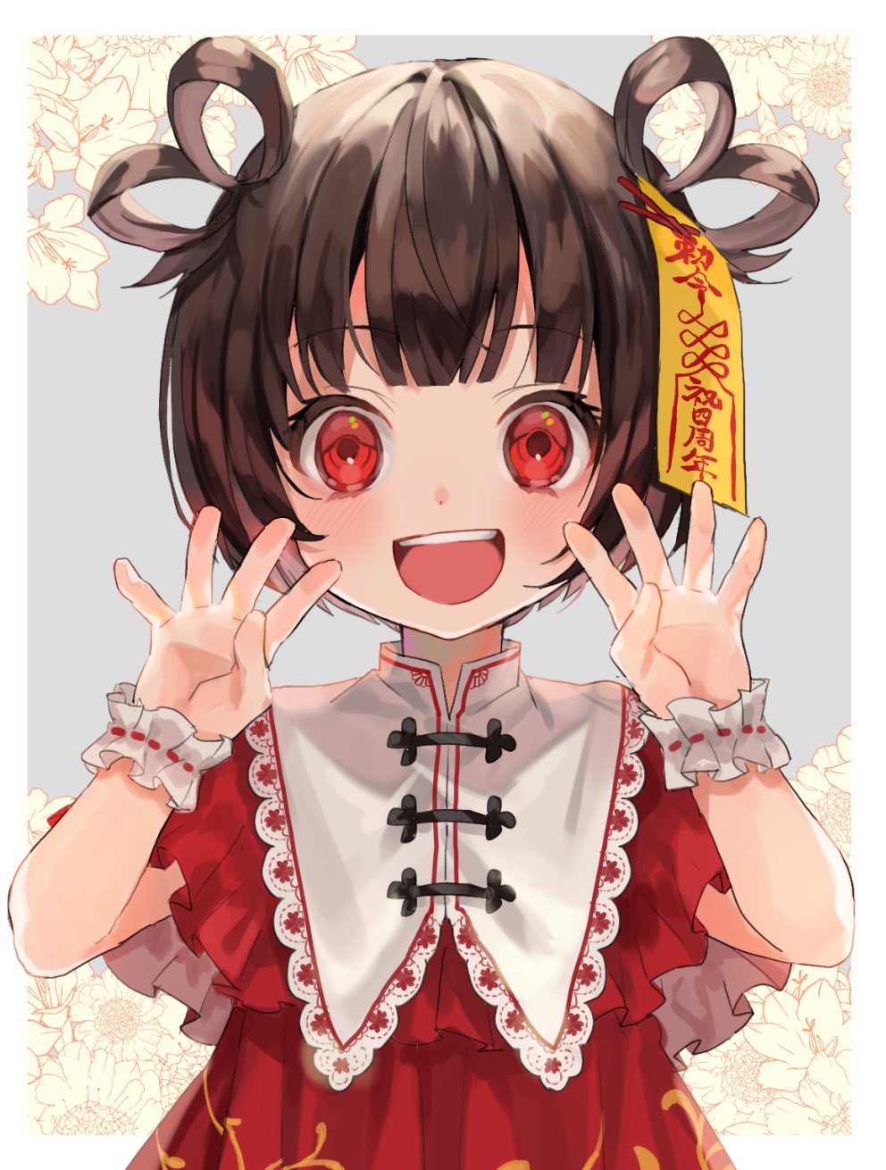 1girl :d black_hair border capelet child chinese_clothes commentary_request dress flower frilled_capelet frilled_wristband frills hair_rings hand_up highres jiangshi kuroda_(kuro_yyy) lace-trimmed_capelet lace_trim looking_at_viewer mandarin_collar number_four_(asl) ofuda open_mouth original outside_border pink_flower quad_hair_rings red_capelet red_dress red_eyes rei_(kuroda_(kuro_yyy)) short_hair smile solo teeth translated upper_body upper_teeth_only white_border white_capelet wristband