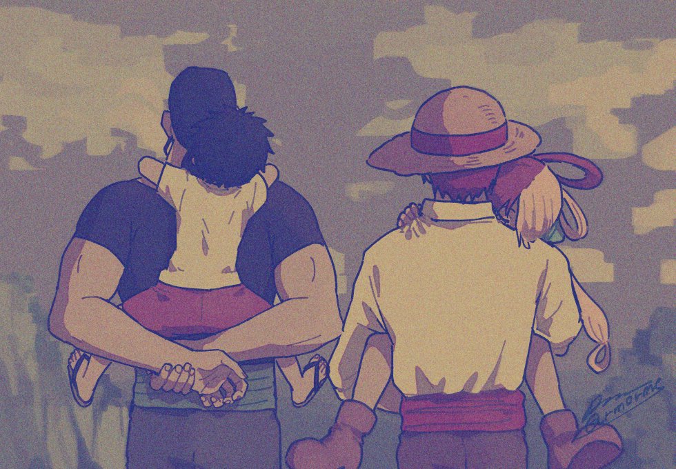 1girl 3boys aged_down back benn_beckman black_hair black_shirt carrying child commentary_request hair_rings hat headphones long_hair monkey_d._luffy multicolored_hair multiple_boys one_piece one_piece_film:_red piggyback red_hair sagemaru-br sandals shanks_(one_piece) shirt short_hair short_sleeves sleeping straw_hat uta_(one_piece) white_hair white_shirt