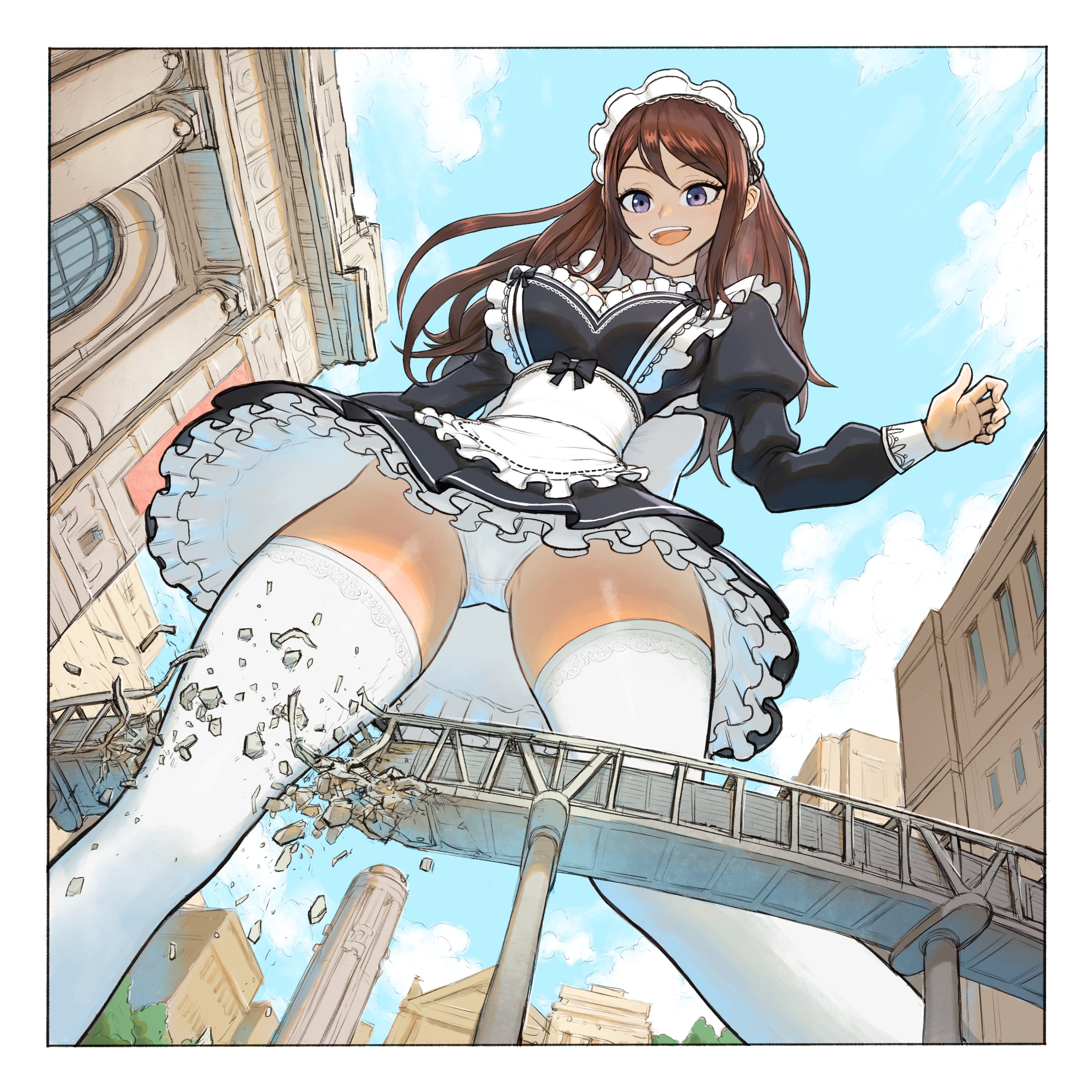 1girl :d absurdres apron breasts brown_hair building cloud commentary dattosan destruction english_commentary floating_hair giant giantess highres juliet_sleeves lace lace-trimmed_thighhighs lace_trim long_hair long_sleeves maid maid_apron medium_breasts open_mouth original panties pantyshot puffy_sleeves purple_eyes sky smile solo teeth thighhighs underwear upper_teeth_only walking white_panties white_thighhighs