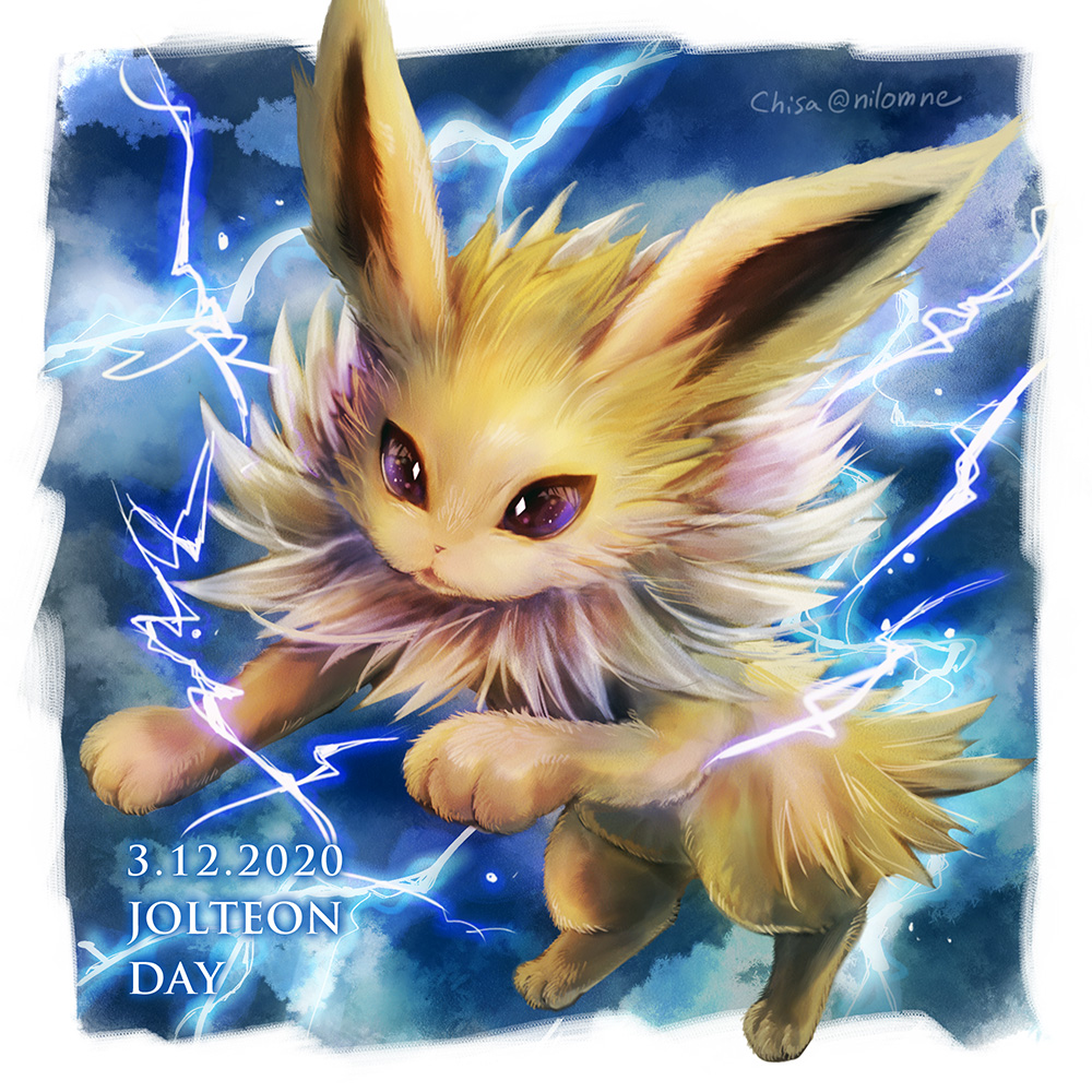animal_focus cloud commentary dated electricity gen_1_pokemon jolteon jumping momomo12 nintendo no_humans pokemon pokemon_(creature) purple_eyes solo twitter_username