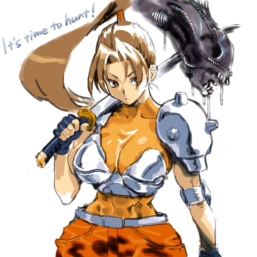 1girl alien_(1979) alien_(series) alien_vs._predator armor breasts brown_eyes brown_hair camouflage cleavage closed_mouth fingerless_gloves gloves holding holding_sword holding_weapon katana large_breasts linn_kurosawa long_hair ponytail predator_(series) puchidori severed_head shoulder_armor simple_background solo sword weapon white_background xenomorph
