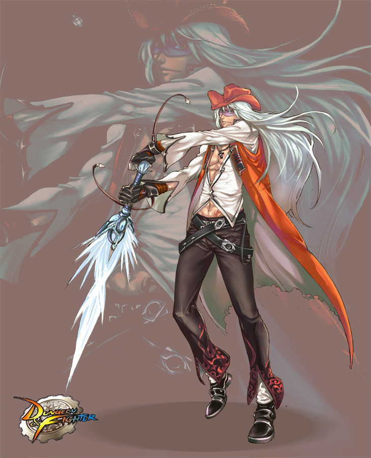 00s energy_sword belt blademaster cross dungeon_and_fighter gloves hat pants ponytail shirt shoes sword vest weapon white_hair