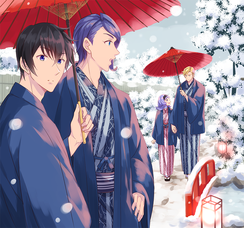 1girl 3boys almiria_bauduin bad_id bad_pixiv_id blonde_hair blue_eyes brother_and_sister ein_dalton eyelashes gaelio_bauduin gundam gundam_tekketsu_no_orphans hairband hand_on_own_hip haori holding holding_hands holding_umbrella iincho_(airi8751) japanese_clothes kimono lantern looking_at_another looking_at_viewer mcgillis_fareed multiple_boys oil-paper_umbrella outdoors overcast purple_hair siblings sky snow tree umbrella yukata