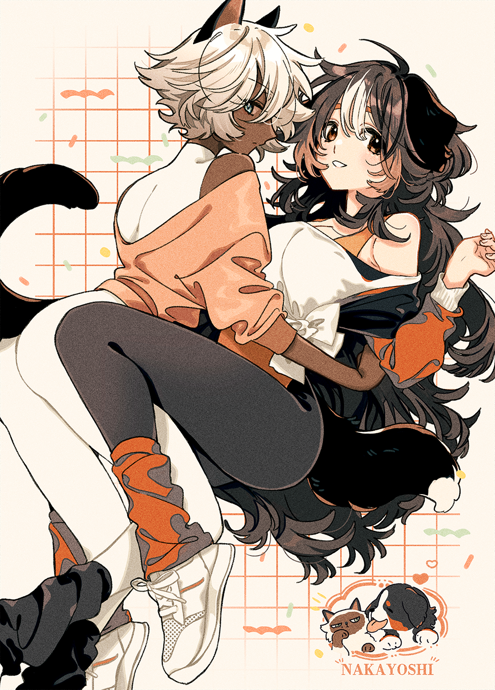 2girls animal_ears black_pants blue_eyes breasts brown_eyes brown_hair cat_ears cat_girl cat_tail cleavage dark-skinned_female dark_skin dog_ears dog_girl dog_tail highres keishin large_breasts long_hair long_sleeves looking_at_viewer multicolored_hair multiple_girls original pants shoes short_hair sleeveless sneakers tail white_footwear white_hair white_pants