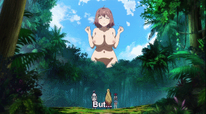 10s 4girls animated animated_gif blonde_hair blue_hair bouncing_breasts breasts brown_hair forest giant giantess kaneko_hiraku large_breasts lowres minimi_nimi multiple_girls nature nipples red_hair screencap shigure_kasumi shikishima_mirei subtitled tokonome_mamori valkyrie_drive valkyrie_drive_-mermaid-