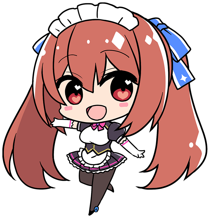 1girl :d apron black_skirt blush bow bowtie breasts chibi chibi_only collar_jewel derauea elbow_gloves femme_de_menage_maid_academy_school_uniform frills game_cg gem gloves hair_bow heart heart_in_eye long_hair look-alike looking_at_viewer maid maid_apron maid_headdress milk_factory motto!_haramase!_honoo_no_oppai_isekai_oppai_maid_gakuen! myoudou_mei non-web_source open_mouth pantyhose pink_bow pink_bowtie pleated_skirt purple_brooch purple_gemstone red_eyes red_hair school_uniform shirt simple_background skirt smile solo standing standing_on_one_leg symbol_in_eye transparent_background twintails very_long_hair waist_apron white_shirt