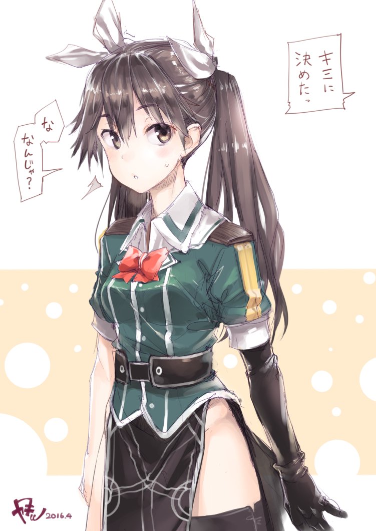 1girl ^^^ black_gloves black_sash black_thighhighs bow bowtie brown_eyes brown_hair commentary cowboy_shot dated elbow_gloves gloves green_jacket jacket kantai_collection karochii looking_at_viewer no_panties parted_lips pelvic_curtain red_bow red_bowtie sash signature single_glove single_thighhigh solo thighhighs tone_(kancolle) translated twintails